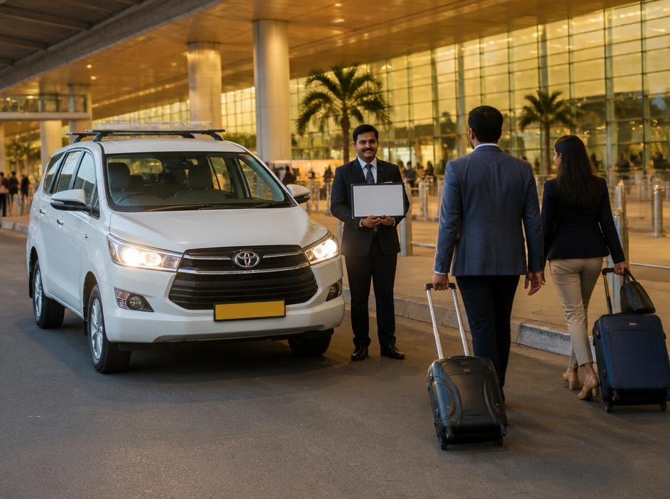 Chauffeur with a name board welcoming business travellers to an Innova Crysta at the airport