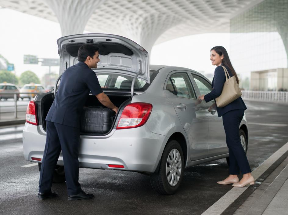 Driver loading a suitcase into a silver Dzire sedan taxi for a smiling passenger