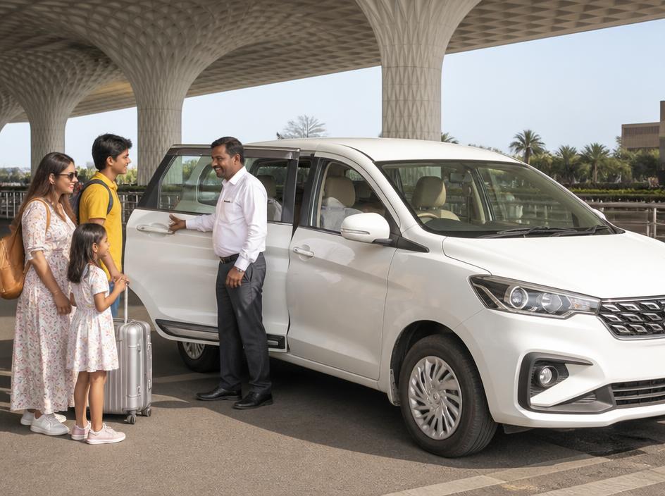 Family boarding a white Ertiga airport taxi held open by the driver